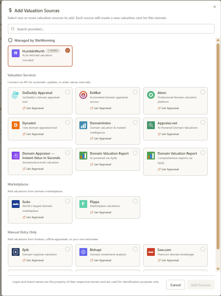 Add valuation sources — auto-fetched HumbleWorth plus GoDaddy, EstiBot, Sedo, Flippa and more