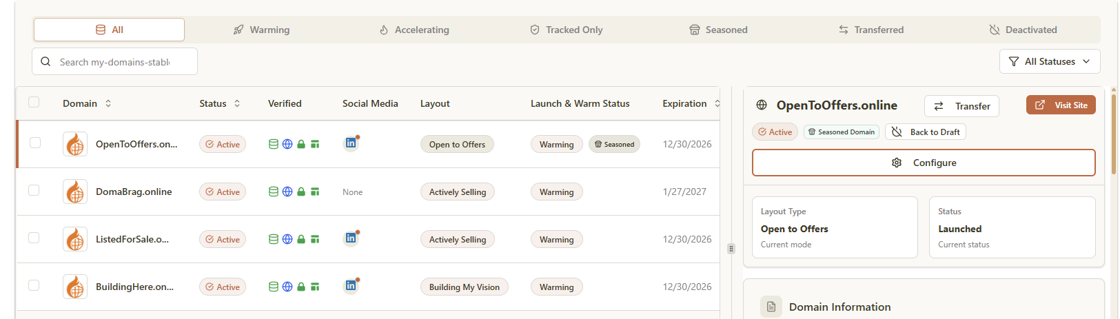 SiteWarming dashboard listing a domain portfolio with status and value in one place