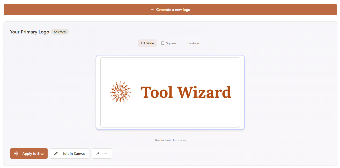 SiteWarming Logo Maker generating a wordmark logo with icon, font, and color controls